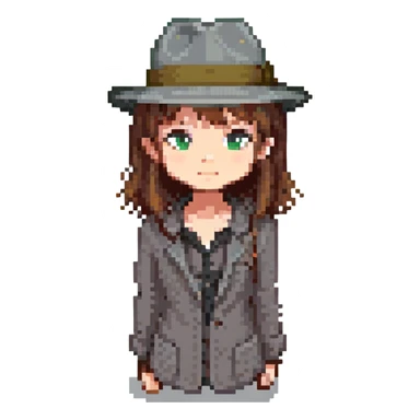 pixel art, girl with brown hair, grey fedora, facing forward sticker