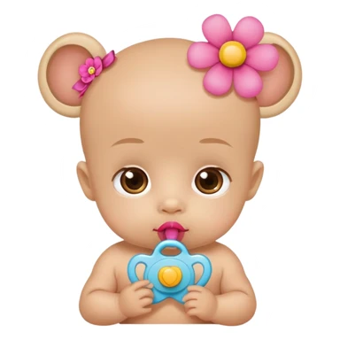 Light skin baby with big brown eyes with pacifier in mouth with flower bow sticker