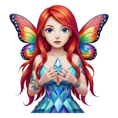 woman-long-red-hair-blue-eyes-white-skin-tattoos-big-breast-wearing-rainbow-crystal-shard-dress,-moths-orbiting,-flirty-contrapposto-pose sticker