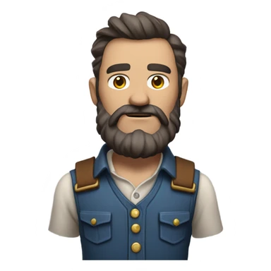 a rugged cowboy with a thick beard, wearing a blue vest over a classic western shirt and a brown belt with a silver buckle. He should have a confident stance, showing full torso sticker