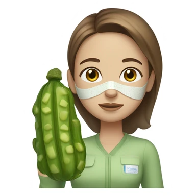 Girl with freackles Brown hair and white skin blue eyes wears skin care mask Thats Green and on top of that pickle on her closed eyes sticker