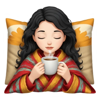 girl black hair wavy inside a blanket sipping coffee eyes closed sticker