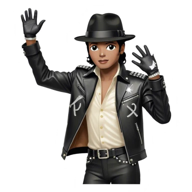 Icon for R&B Music: Michael Jackson in full growth in his black fedora, sparkling glove, and leather jacket, striking his famous final pose after performing, with one arm raised and head tilted back. Musical notes surround him, symbolizing the essence of R&B. Transparent background. sticker