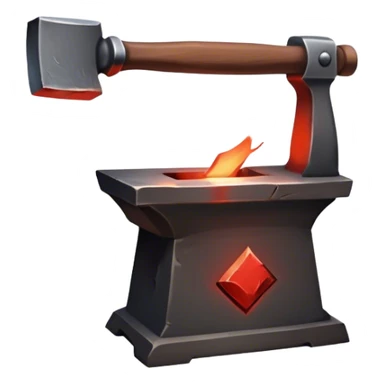Blacksmithing icon, piece of metal being hammered on an anvil, blacksmith's hammer, sparks flying, glowing red metal, forge in the background, minimalistic style, clean lines, transparent background. sticker