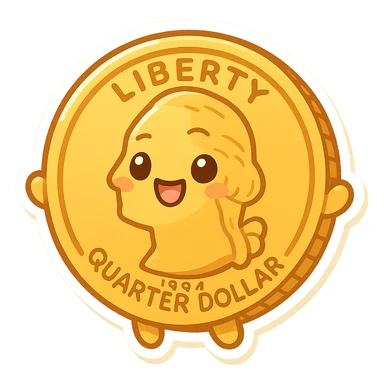 a gold coin with a quarter design, cartoon style, bright gold color, playful look sticker