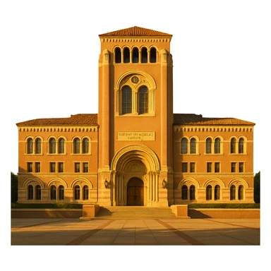 cinematic, realistic emoji of the Doheny Memorial Library at the University of Southern California in Los Angeles, straight-on perspective, featuring its iconic Romanesque Revival architecture, lifelike detail, bright regal lighting as on a sunny day, accurate building colors, transparent background sticker