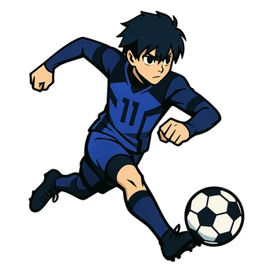 anime soccer player inspired by Blue Lock, dynamic pose, blue and black uniform sticker