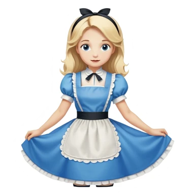Disney's Alice in Wonderland curtseying in her blue dress with white apron, blonde hair with headband sticker