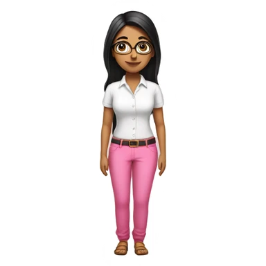 Indian standing lady wear white shirt & pink pant black hair also have spectacle sticker