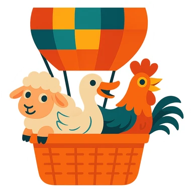 Remove the background, keep only the group of farm animals in the hot air balloon, vibrant toon style, with no background. sticker
