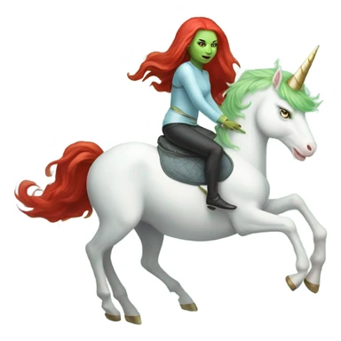 [politically incorrect
	{ woman: alien, color: light green, hair:red, eyes:cat} ]
	on a 
	[{ unicorn: white, legged:four, mane: light blue }] sticker