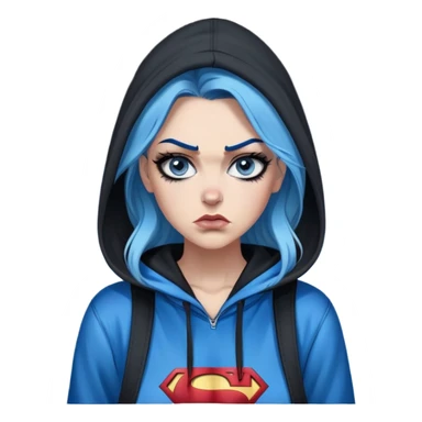 Female-Very tall-very very very large chest-really angry-waiting for a text-very long straight flat black to sky blue hair ombre-blue eyes-black eyeliner-long eyelashes-hoodie with glitter superman logo-overalls-lip pierced sticker