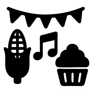 A festival scene with solid filled icons of food, music, and decorations sticker