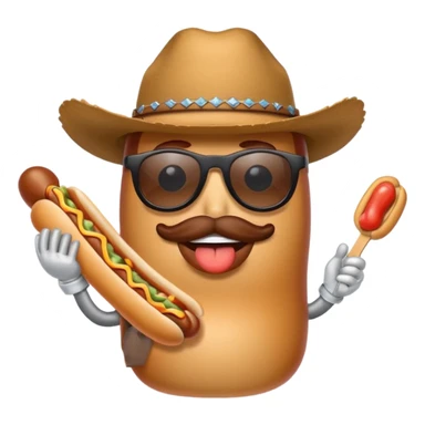 A hotdog with sunglasses and a cowboy hat sticker