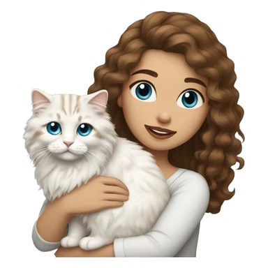woman with long curly brown hair and holding a all white Siberian cat with blue eyes sticker