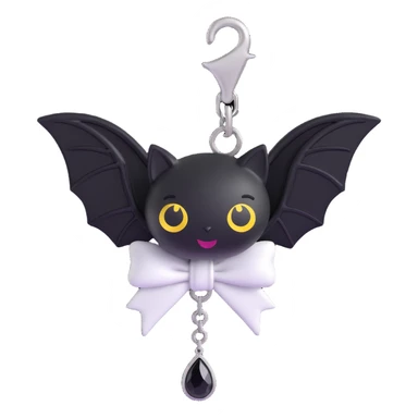 3D emoji gothic bow, white leather, silver bat charm, black lace overlay, single black teardrop gem sticker