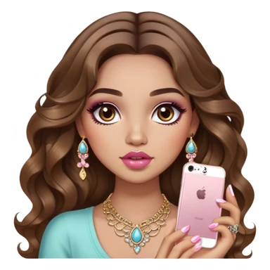 Light skinned girl, long wavy brown hair center-part with face framing pieces, big hazel eyes, lots of jewelry, trendy cute top, prominent blush, sassy, big lips, makeup, fancy long acrylic nails done, holding makeup. She is curvy sticker