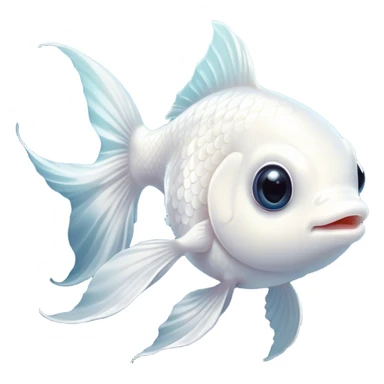 Cinematic Cute White Goldfish Portrait Emoji, Head tilted playfully and inquisitively, featuring a glossy, pure white body with delicate, shimmering scales and round, sparkling pale eyes filled with curiosity, Simplified yet irresistibly adorable features, highly detailed, glowing with a warm, friendly glow, high shine, affectionate and lively, stylized with a touch of whimsy, bright and endearing, soft glowing outline, capturing the essence of a mischievous yet loving goldfish, so playful it feels like it could swim out of the screen and into your heart! sticker