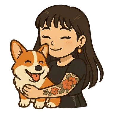 Ghibli-style emoji of an Asian girl with long hair and wispy bangs, black leather dress, gold earrings, subtle false lashes, and a 3/4 sleeve tattoo with flowers on her left arm, hugging a cheerful red head tri-color corgi, simplified, emoji-like sticker