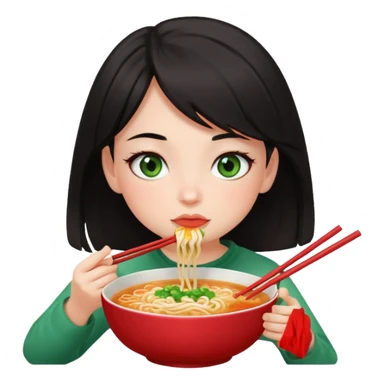 a dark-haired girl with green eyes is eating ramen sticker