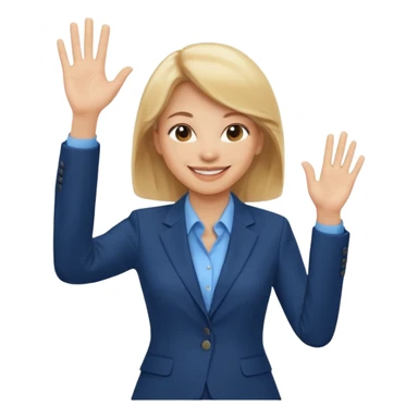 Make emoji of business woman with light skin and medium blonde hair in a dark blue business suit and light blue shirt waiving to new clients sticker