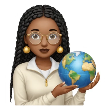a young woman wearing fine gold round glasses and black hair in several box braids, no earrings, she has light black skin, and she's wearing a white shirt with a black quarterzip. She's holding a globe in one hand sticker