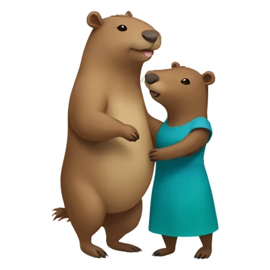 a capybara and a bear hugging. the capybara is wearing a green dress and the bear is wearing a blue dress. sticker