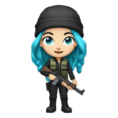 Girl, white skin, tactical vest, dark pants, long teal hair, blue eyes, purple beanie hat, gun, black combat boots sticker
