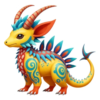 Colorful randomly-colored exotic Exotic Pokémon-Fakémon-hybrid-creature (full body) with tribal intricate splash-markings and patterns and furs and scales and spikes and fins and horns  sticker