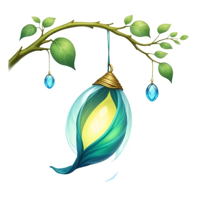 magical organic cocoon suspended from a branch, green-blue cocoon lit up, swirling yellow magic, ethereal and mystical, symbol shape, gentle green-blue hues sticker