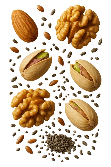 Mandorle, noci, pistacchi, semi di lino e di chia FLUTTUANO IN ARIA, IPERREALISTICO 4K sticker