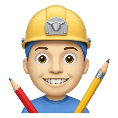 A round head puppet with 2 buck teeth a blue helmet and a round nose with a pencil in it also he has a unibrow  and a yellow shirt that says jeffy sticker