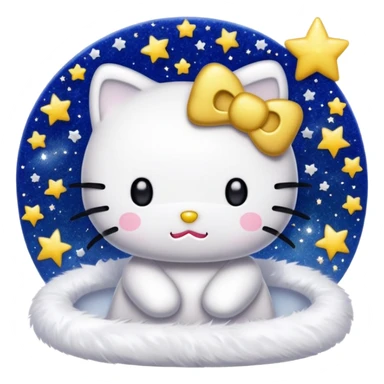 Hello Kitty with pure white fur, sparkling glitter, starry night background, emoji style sticker