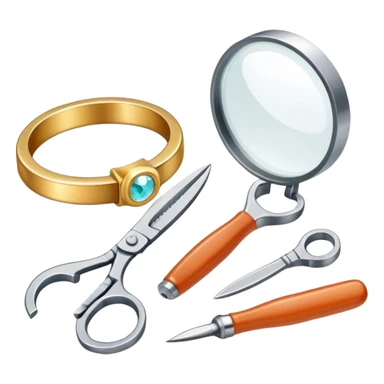 Jewelry art icon, one or two jewelry pieces (like a ring or pendant), visible tools like pliers, magnifying glass, and a workbench with materials, minimalistic style, clean lines, transparent background. sticker
