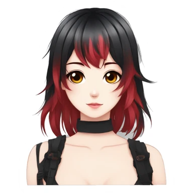 Gorgeous anime style shojo character with blushing face aesthetic and pretty edgy black red punk hair with hair garment trending style sticker