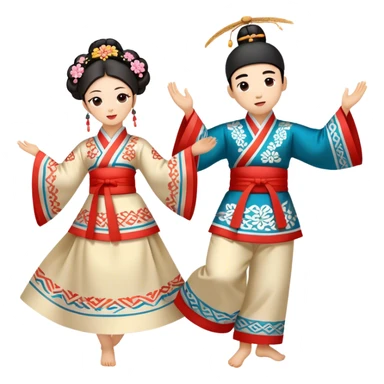Cinematic Realistic scene of two performers engaging in Ganggangsullae, dressed in traditional Korean costumes with intricate patterns and graceful movements, illuminated by soft, festive lighting that accentuates the cultural ambiance sticker