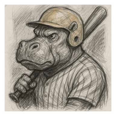 hippo holding a baseball bat, wearing a yellow helmet, pinstripes outfit sticker