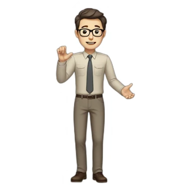 Full height Actively gesturing with hands Pale skinned fit man with dark brown hair in gray jacket, beige office shirt, brown tie, brown pants and vintage glasses. sticker