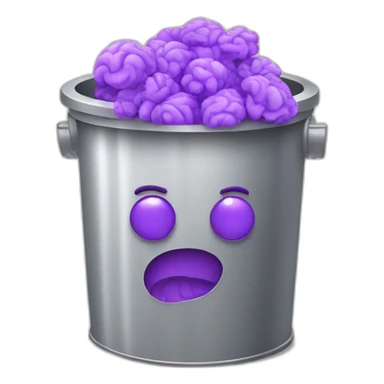 a silver trash bin with a smiley face full of purple brain sticker