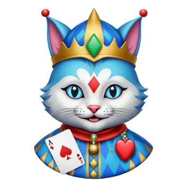 crazy colorful cute little cat jolly joker from poker, medieval, vintage, court jester, mac os icon, blue color, holds an ace poker card (clearly detailed and precise) sticker