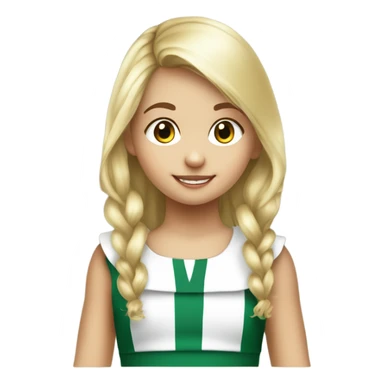 niña pequeña con melena por los hombros rubia y flequillo. Ropa babero de colegio a cuadros verde y blanco sticker