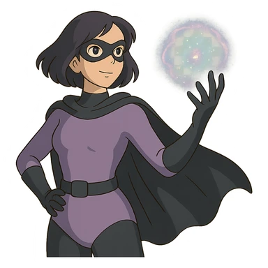 ghibli style superhero woman with soft purple and black costume, magical aura around her hand sticker