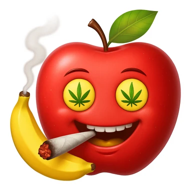 Add a cartoon joint with smoke to the smiley face made of apples as eyes and a banana as the mouth. Make it look like the face is smoking weed, keep the emoji style. sticker