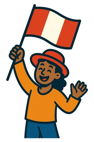 persona alegre ondeando la bandera peruana, estilo vibrante sticker
