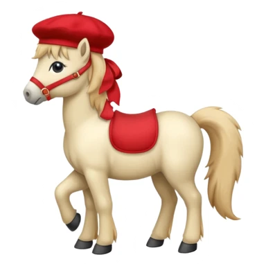 A cute pony (horse) emoji, full body, standing in side view, wearing a stylish red beret. sticker
