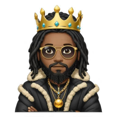 African American man with shoulder length black dreadlocks with black beard wearing  dark black sunglasses with a black bubble winter coat wearing a crown with arms folded sticker