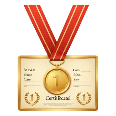 Medalla con número uno, y detrás un certificado sticker