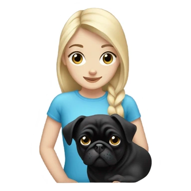 Girl with blonde hair and blue eyes holding a black pug sticker