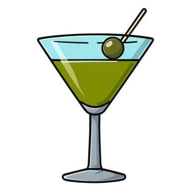 martini glass with crystal clear transparent liquid and an olive at the bottom skewered by a toothpick sticker