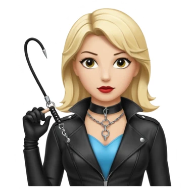 Dominatrix with blonde hair, leather outfit, long key necklace, and a whip sticker